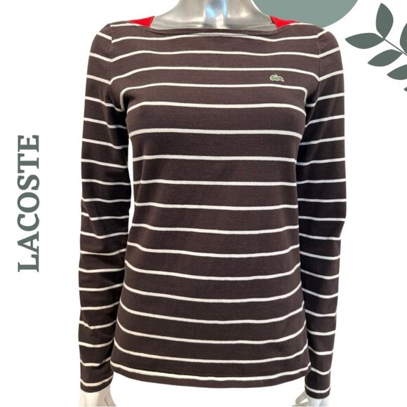 Classic Breton-Inspired Lacoste Stripe Long Sleeve Top Brown Cream Red Small 6 - Picture 1 of 7